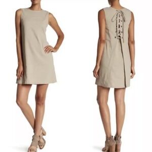 Theory Keshelle Lace-Up Back Shift Dress linen blend size 8 sand color midi‎